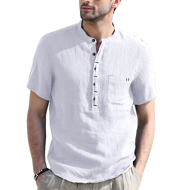 Men's Henry Collar Solid Cotton Linen Pocket Short Sleeved Shirt