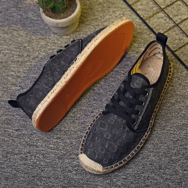 Men's Straw Woven Cotton and Linen Non-slip Wear-resistant Breathable Denim Lace Hemp Rope Shoes