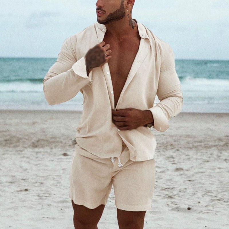 European and American Men's Casual Cotton and Linen Suits Home Clothes Loose Long-sleeved Shorts Two-piece Suit