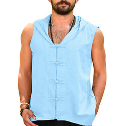 Summer Men's Solid Color Loose Button Hooded Vest Youth Fashion Casual Cotton Linen Top