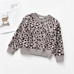 Crew Neck Pullover Sweater Long Sleeve Leopard Print Children's Clothing