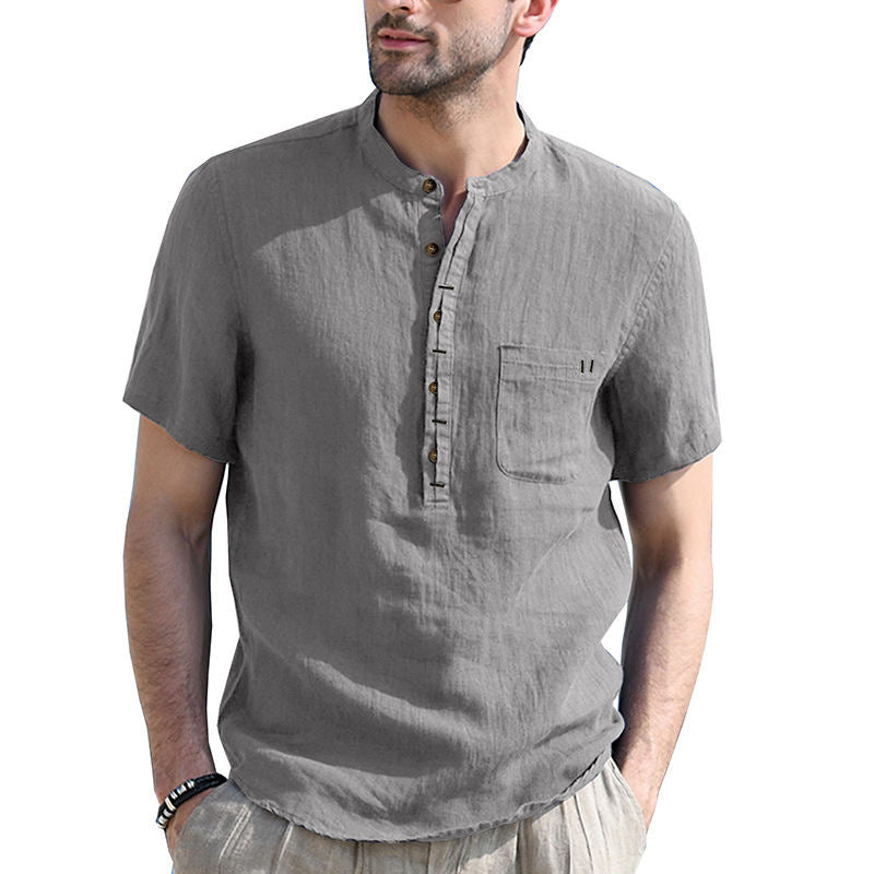 Men's Henry Collar Solid Color Pocket Short-sleeved Shirt European and American Men's Cotton and Linen Shirt