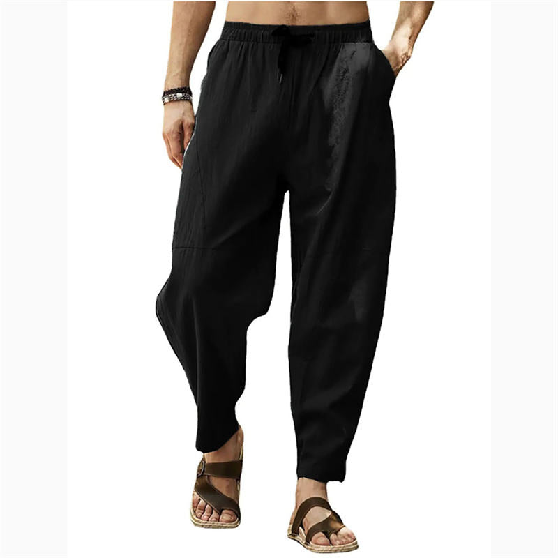 Large Size Casual Pants Men's Loose Cotton and Linen Drawstring Hip Hop Lantern Pencil Pants