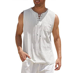 Men's Tank Top Shirt Lace Up Fashion Solid Color Cotton Linen Short Sleeve T-Shirt