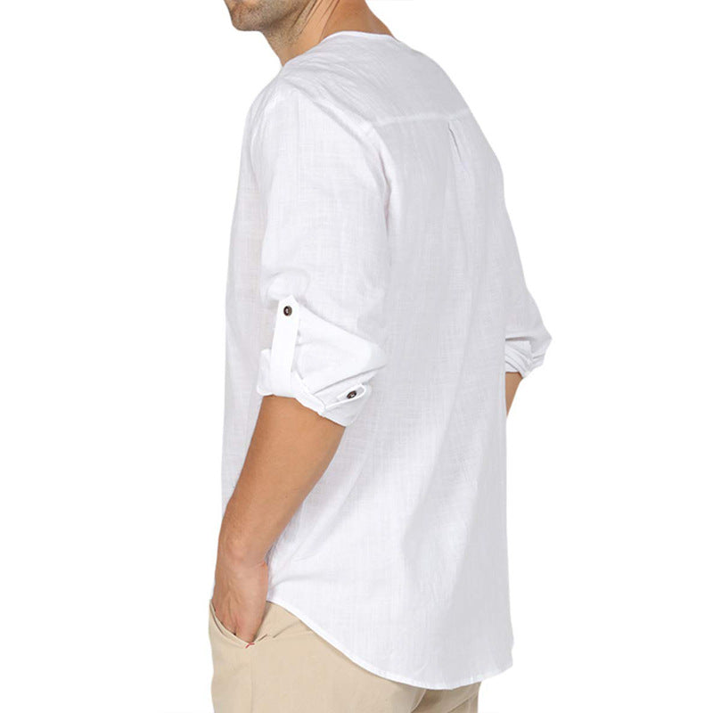 Men's Long Sleeved Square Neck Cotton Linen Shirt