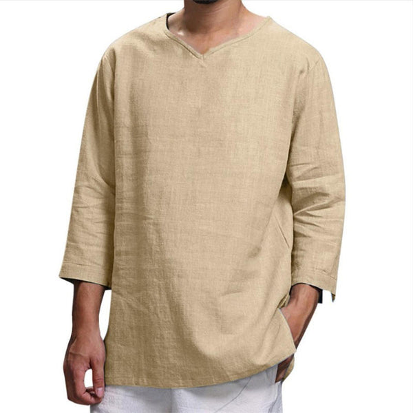 Men's Long Sleeve V-Neck Cotton Linen Loose Shirt Comfort Man Pure Color Tops