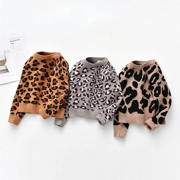 Crew Neck Pullover Sweater Long Sleeve Leopard Print Children's Clothing