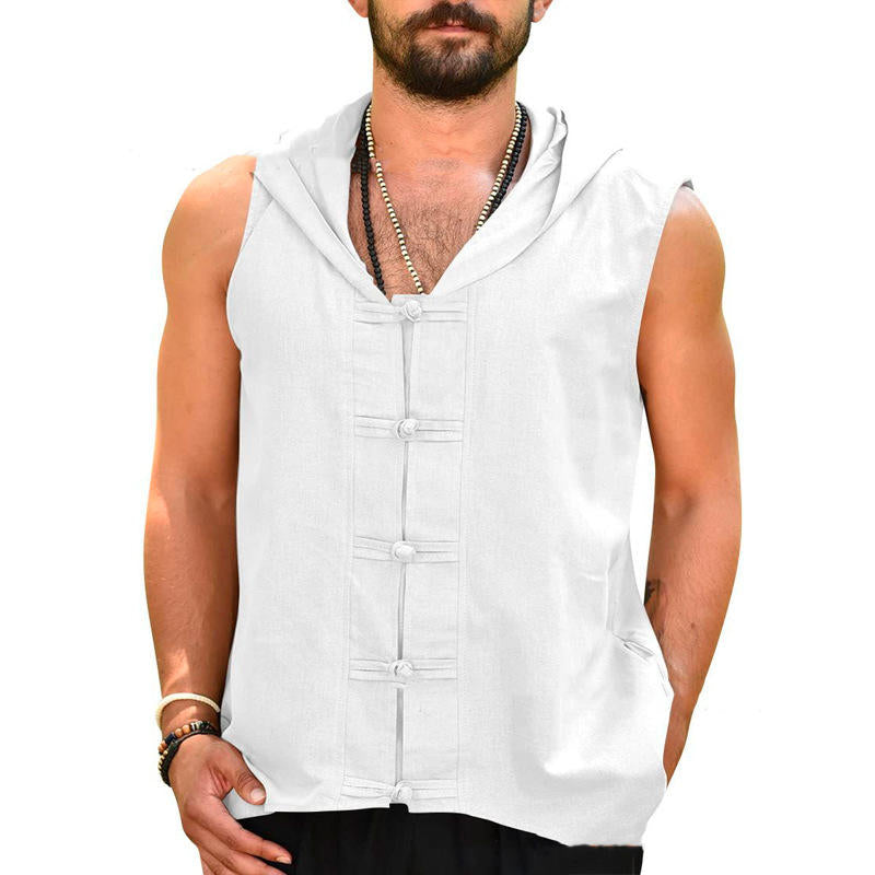 Summer Men's Solid Color Loose Button Hooded Vest Youth Fashion Casual Cotton Linen Top