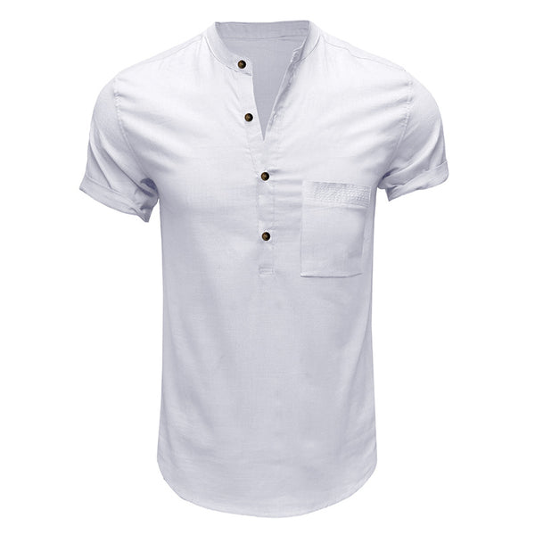 Men's Henry Collar Solid Cotton Linen Pocket Short Sleeved Shirt