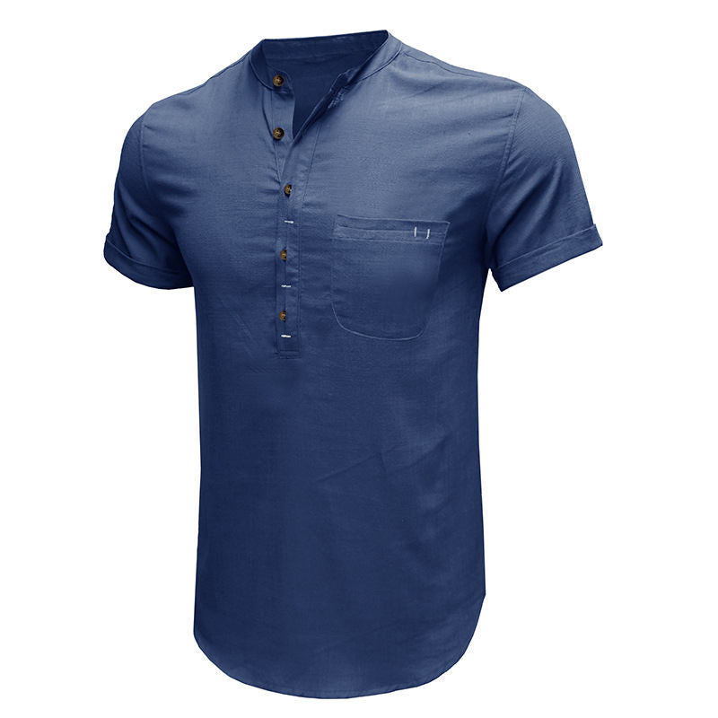 Men's Henry Collar Solid Color Pocket Short-sleeved Shirt European and American Men's Cotton and Linen Shirt