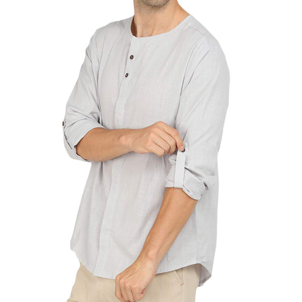 Men's Long Sleeved Square Neck Cotton Linen Shirt