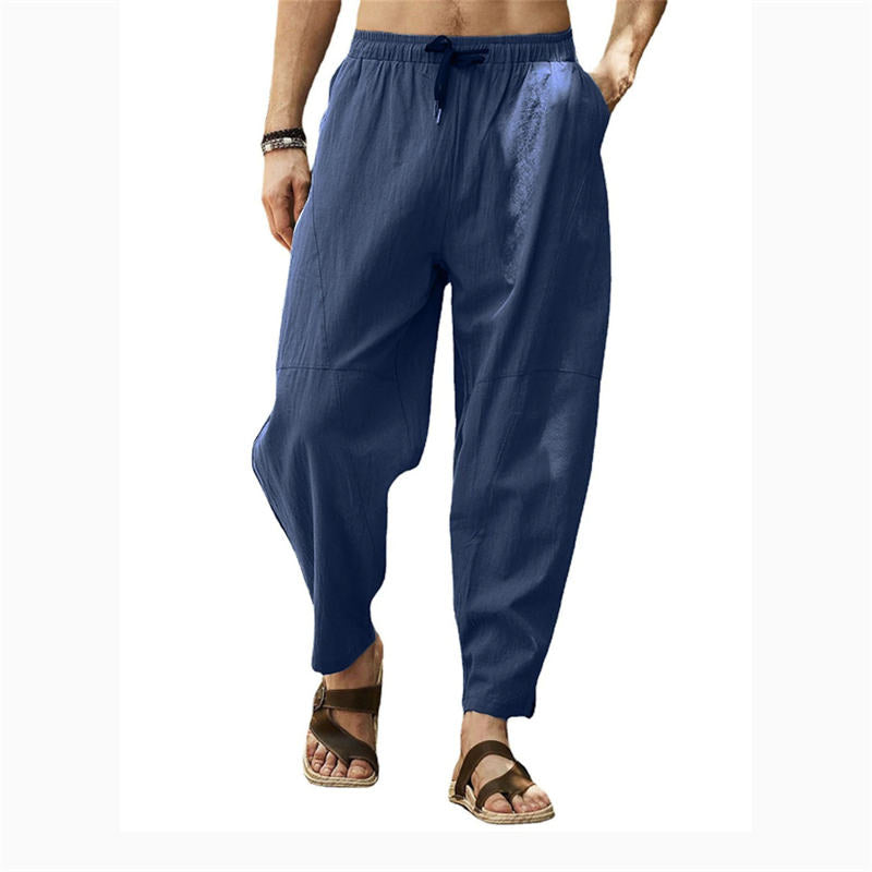 Large Size Casual Pants Men's Loose Cotton and Linen Drawstring Hip Hop Lantern Pencil Pants