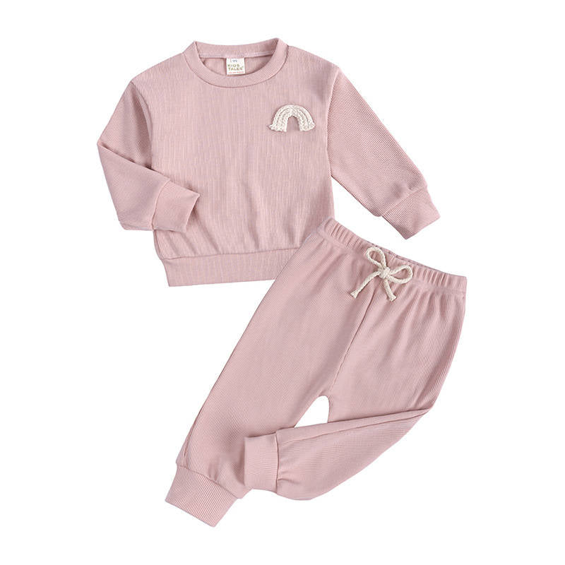 Round Neck Rainbow Embroidered Long Sleeve Trousers Children's Two Piece Set