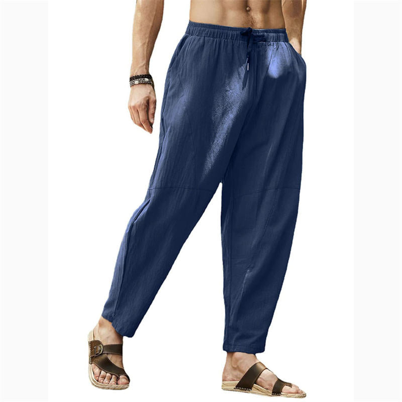 Large Size Casual Pants Men's Loose Cotton and Linen Drawstring Hip Hop Lantern Pencil Pants