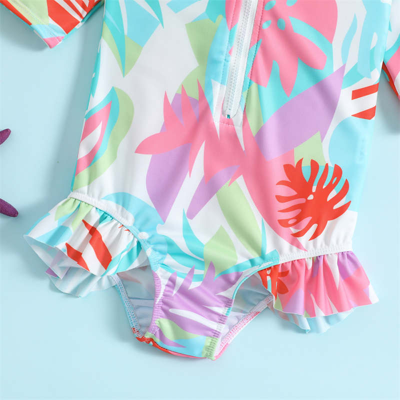 Girls' Mid Length Sleeve One Piece Swimsuit Beachwear