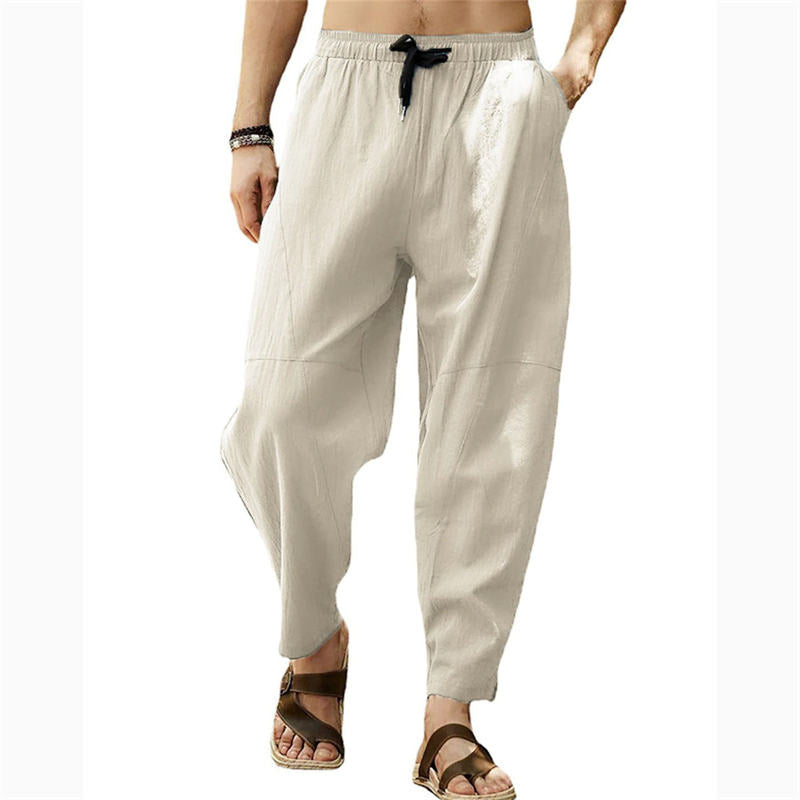 Large Size Casual Pants Men's Loose Cotton and Linen Drawstring Hip Hop Lantern Pencil Pants