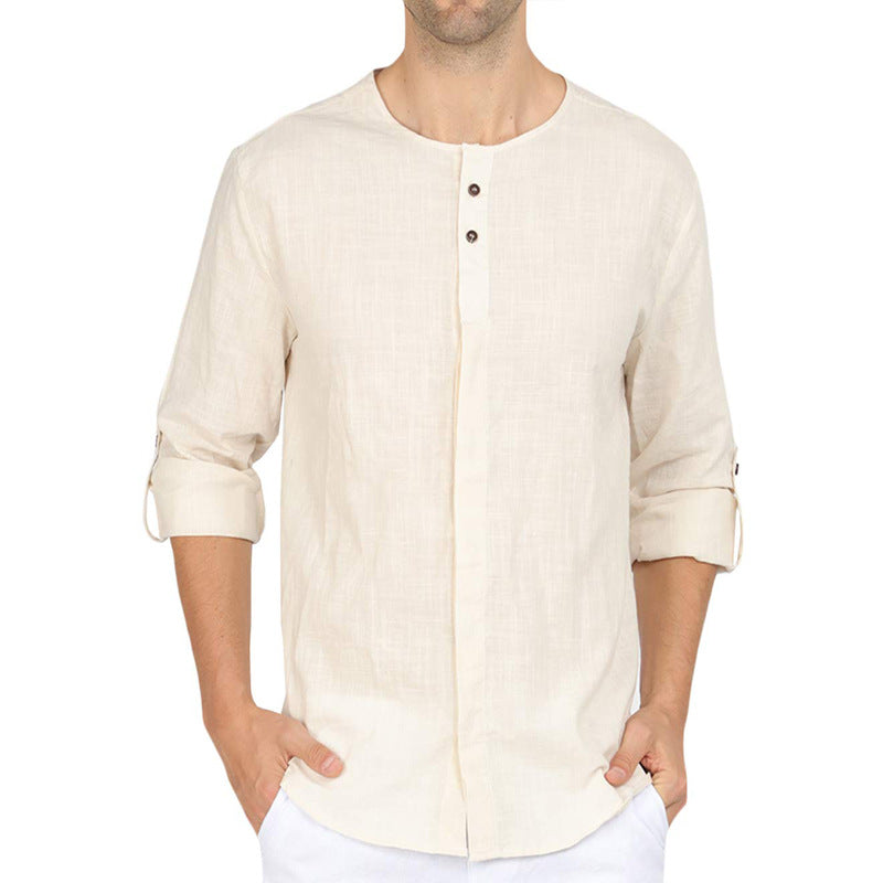 Men's Long Sleeved Square Neck Cotton Linen Shirt