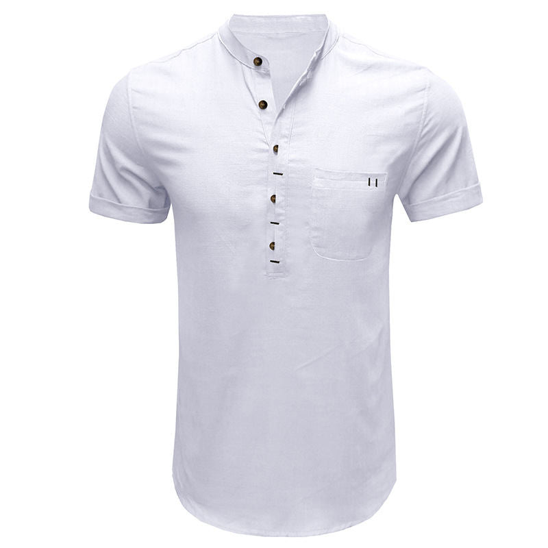 Men's Henry Collar Solid Color Pocket Short-sleeved Shirt European and American Men's Cotton and Linen Shirt